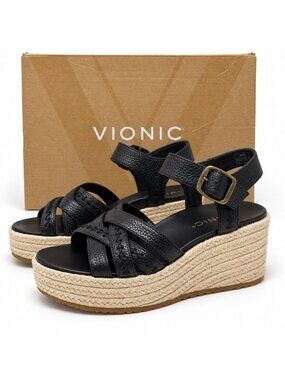 Vionic Dana Black Leather Espadrille Wedge Sandals Women 6.5 M Arch Support